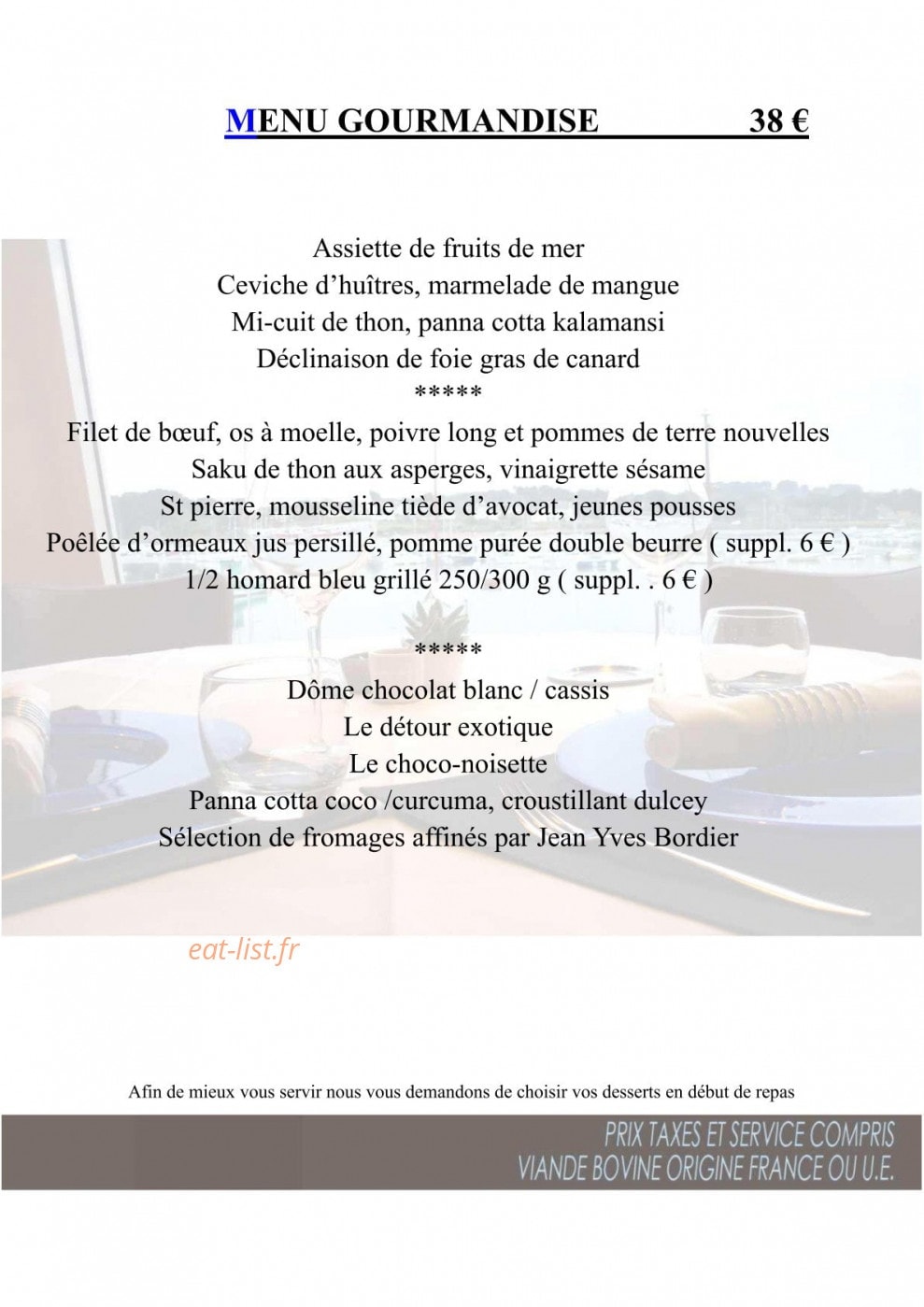 Carte et menu de Des Rochers à Perros Guirec — Menu gourmandise