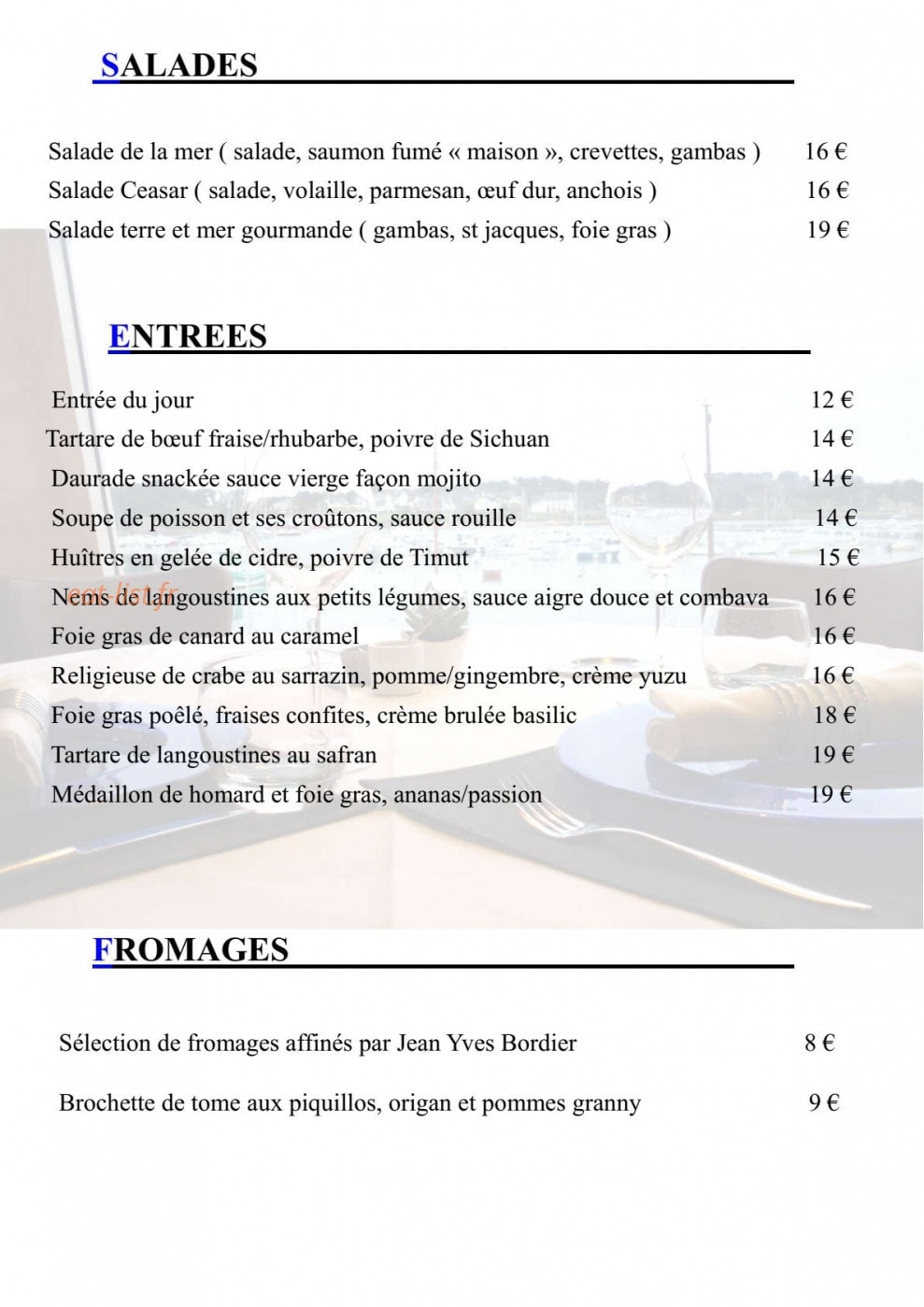 Carte et menu de Des Rochers à Perros Guirec — Salades, entrées et fromages