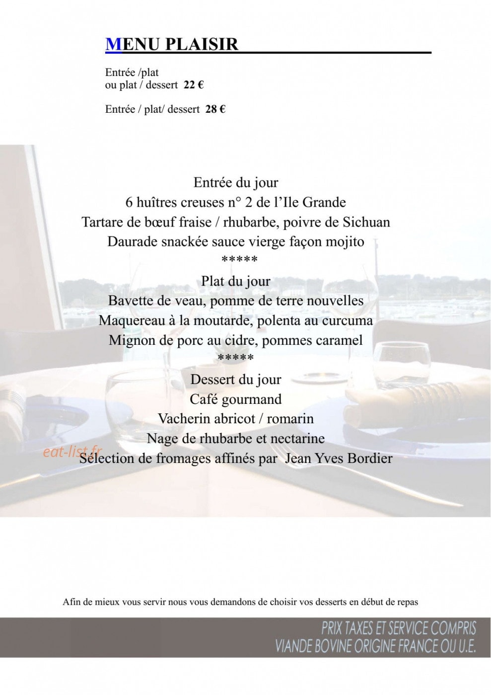 Carte et menu de Des Rochers à Perros Guirec — Menu plaisir