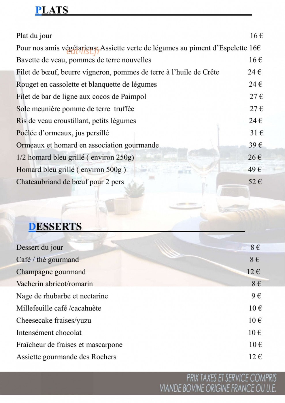 Carte et menu de Des Rochers à Perros Guirec — Plats et desserts