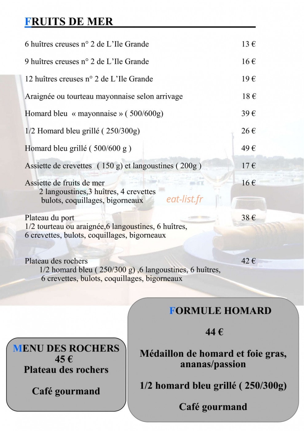 Carte et menu de Des Rochers à Perros Guirec — Fruits de mer et formules