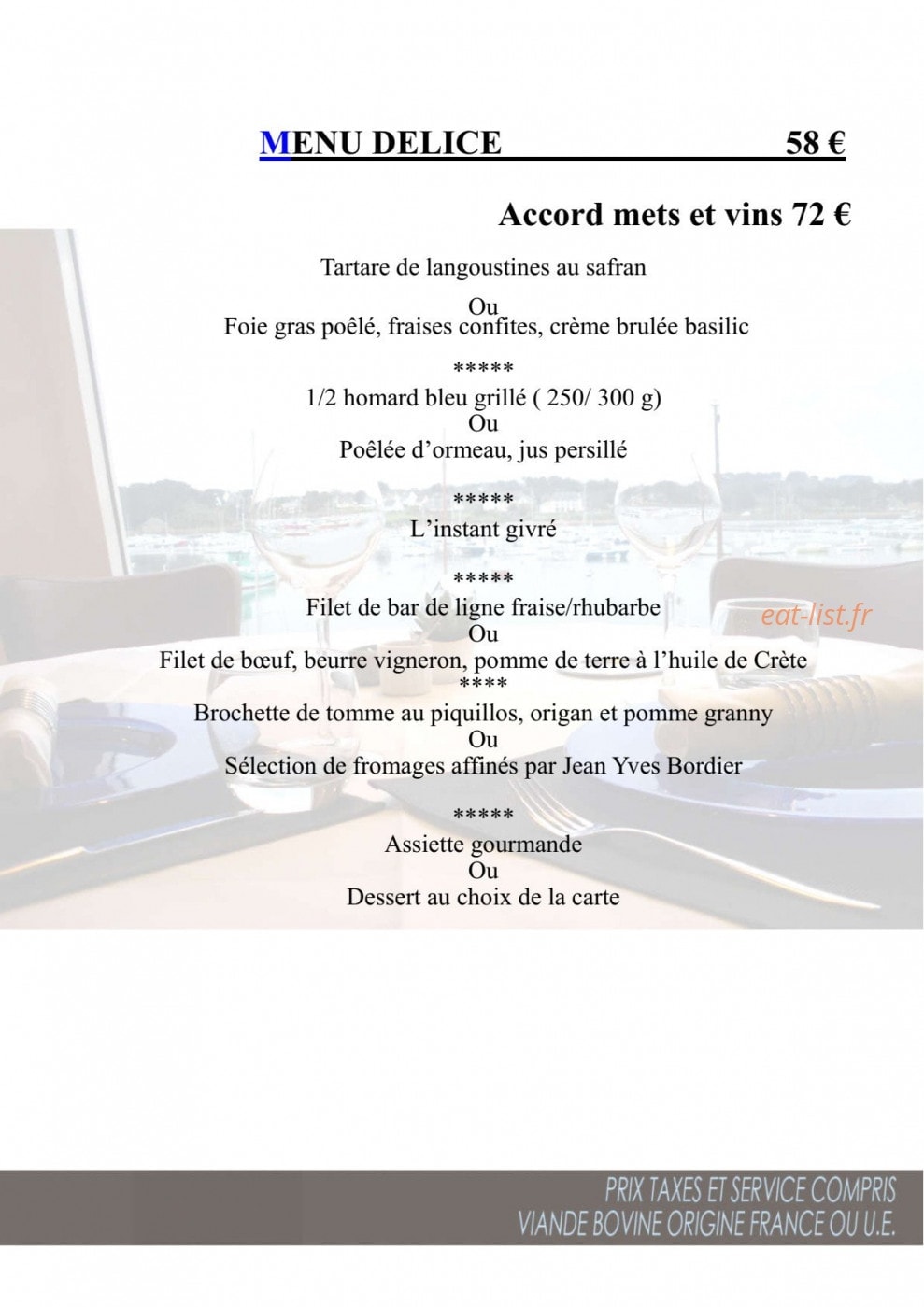 Carte et menu de Des Rochers à Perros Guirec — Menu délice