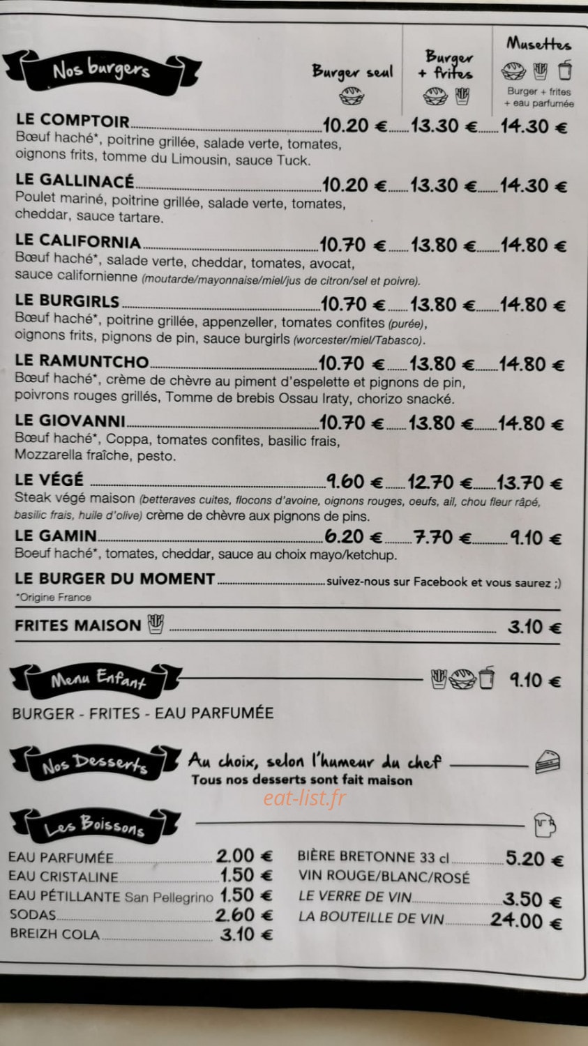 Le comptoir des burgers — carte page 1