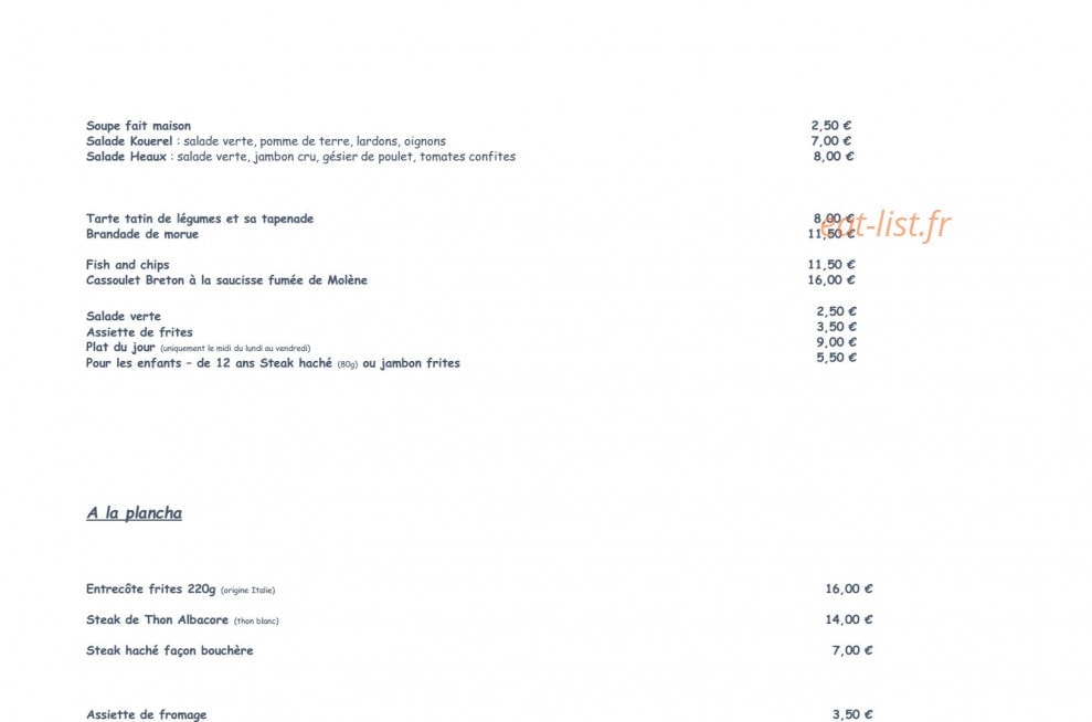 Carte et menu de Bar du Yacht à Lezardrieux — Plats