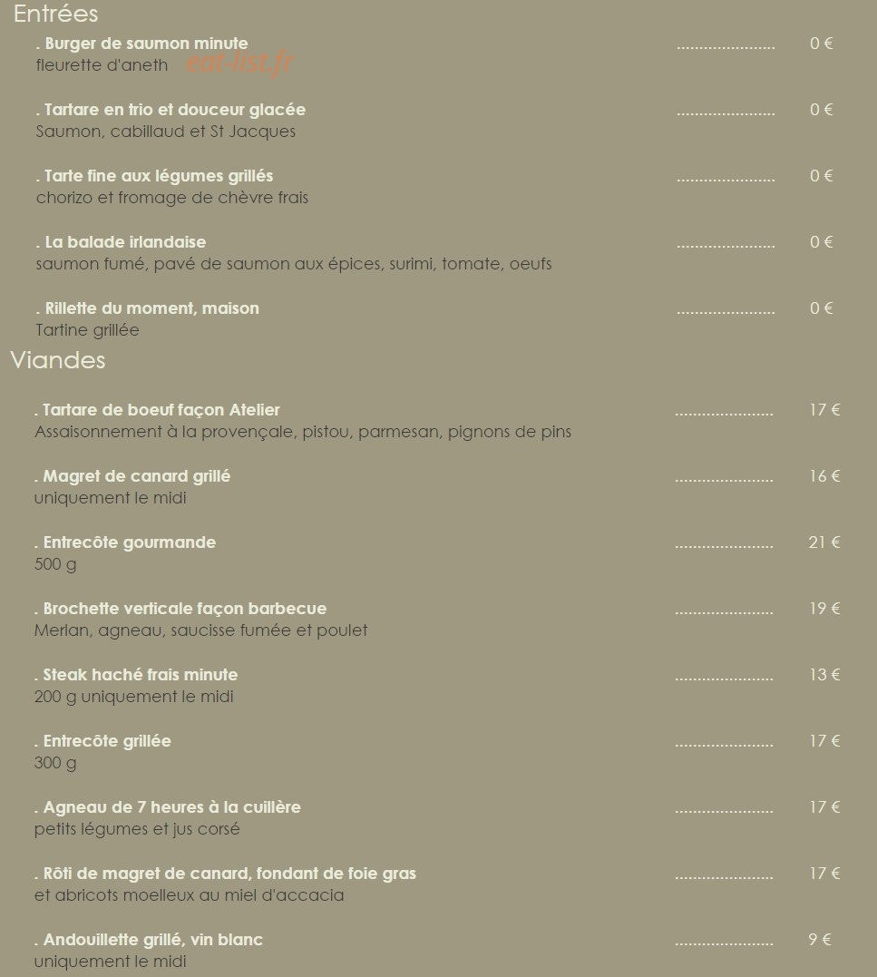 Restaurant L'Atelier — carte page 1