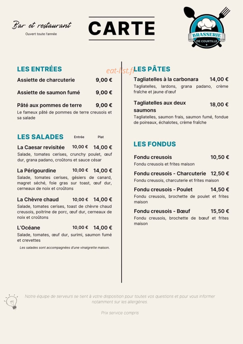 Brasserie de Courtille — carte page 1