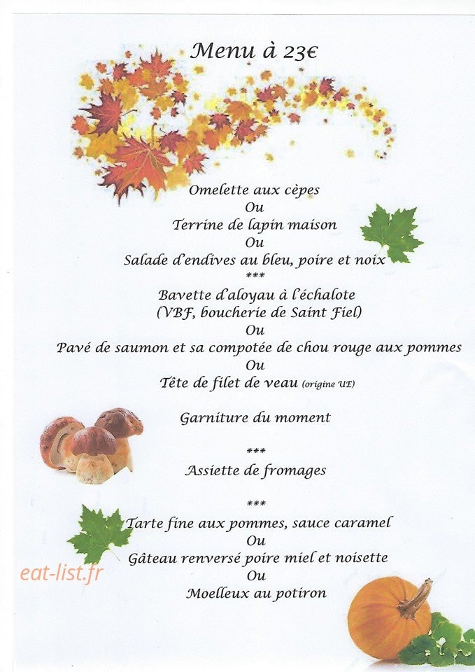 Carte et menu de Auberge de Saint Fiel à Saint Fiel — menu à 23€