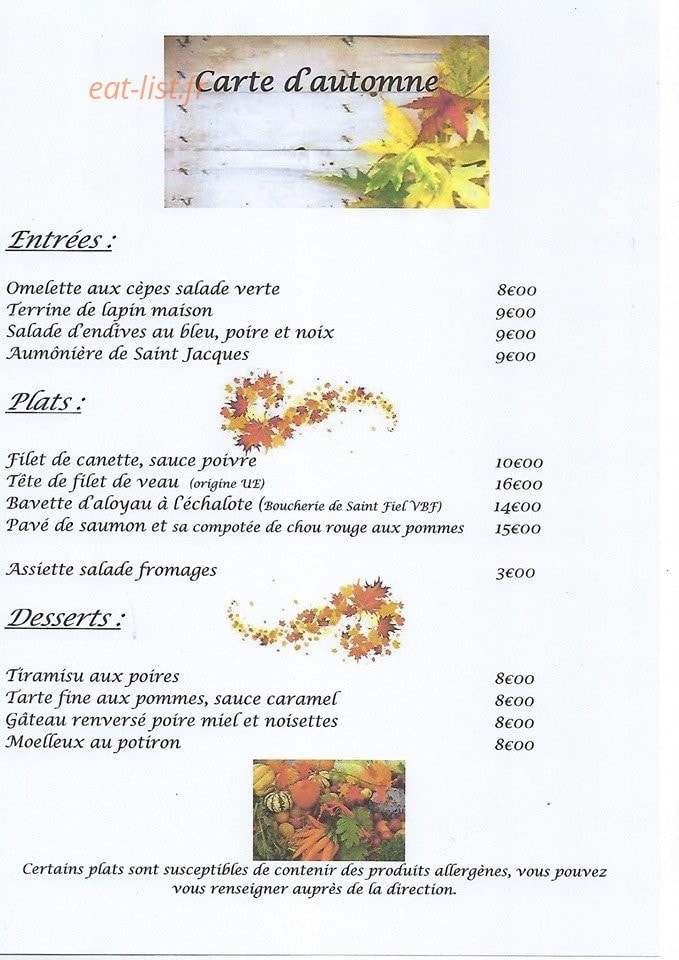 Carte et menu de Auberge de Saint Fiel à Saint Fiel — La carte