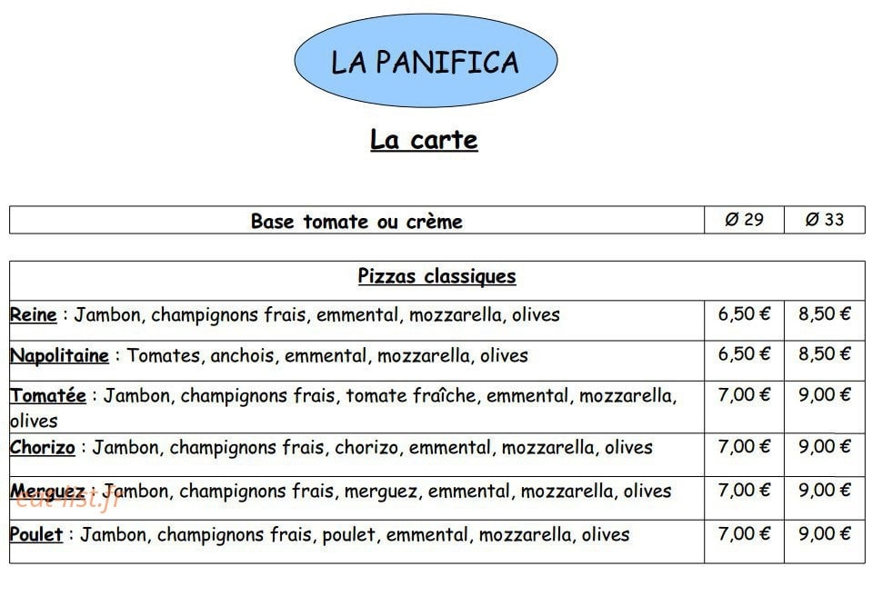 La Panifica — carte page 1