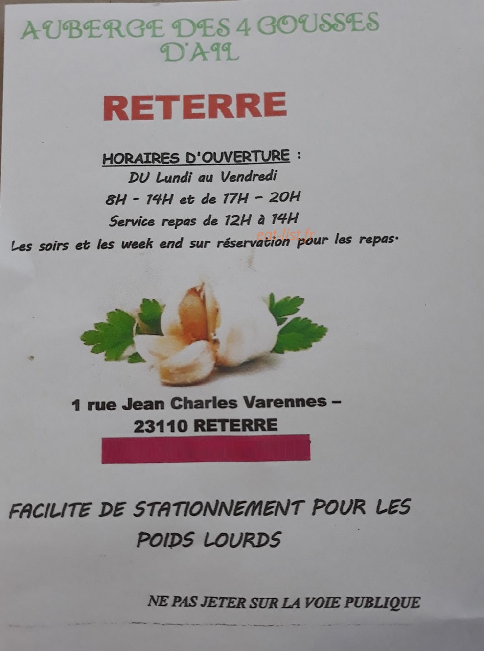 Auberge des 4 Gousses d'ail — carte page 1