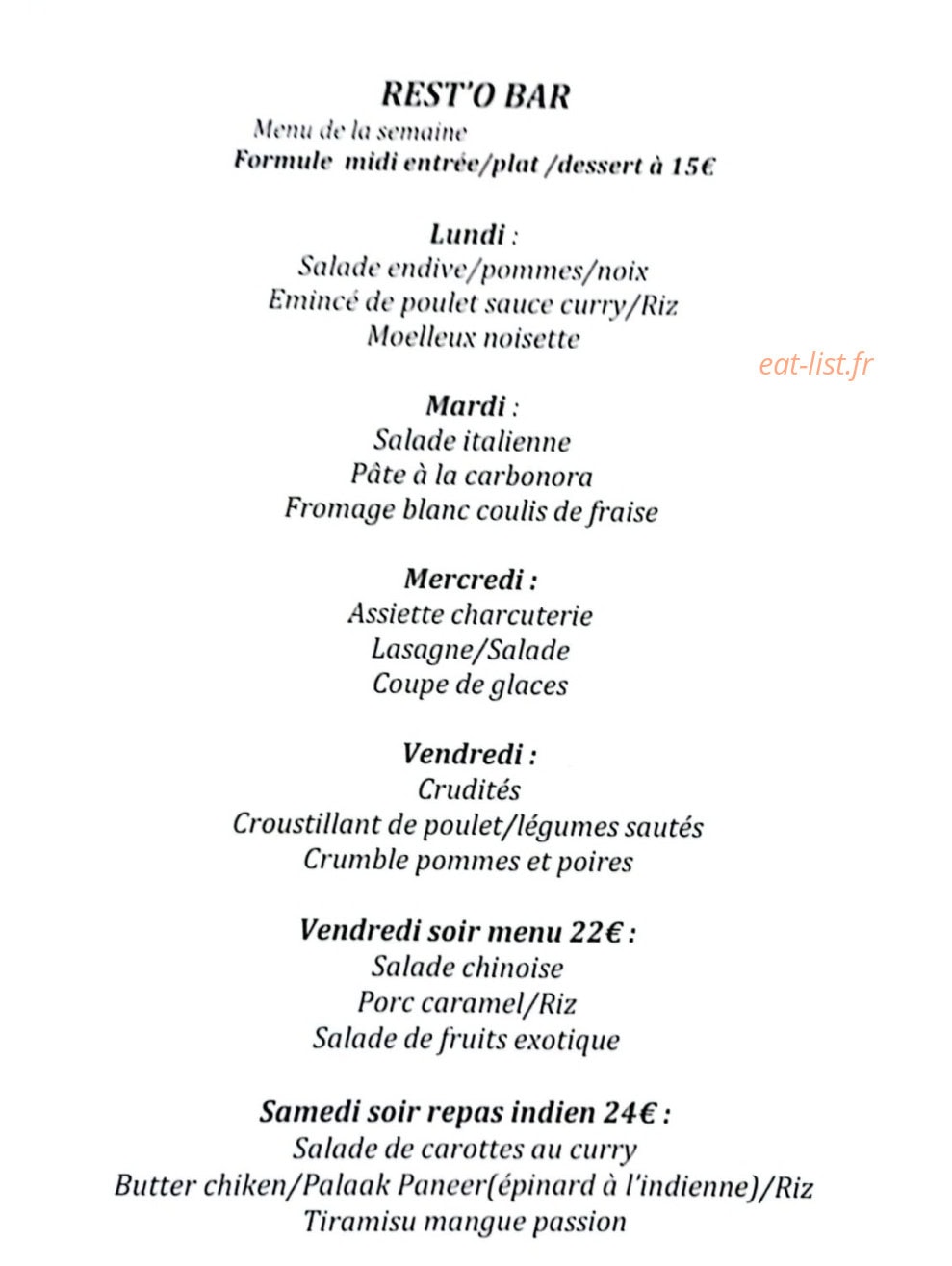 Rest'O Bar — carte page 1