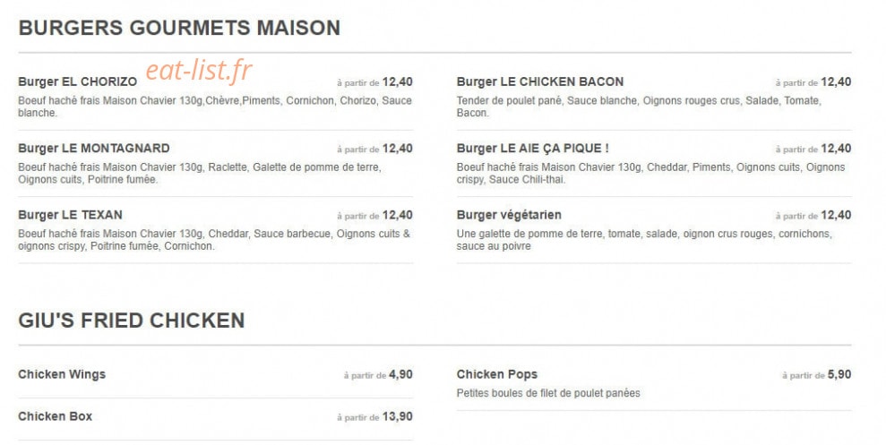 Giu's Burger — carte page 1