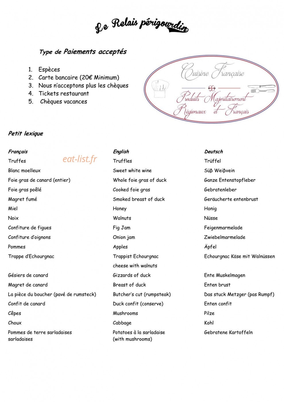 Le Relais Périgourdin — carte page 2