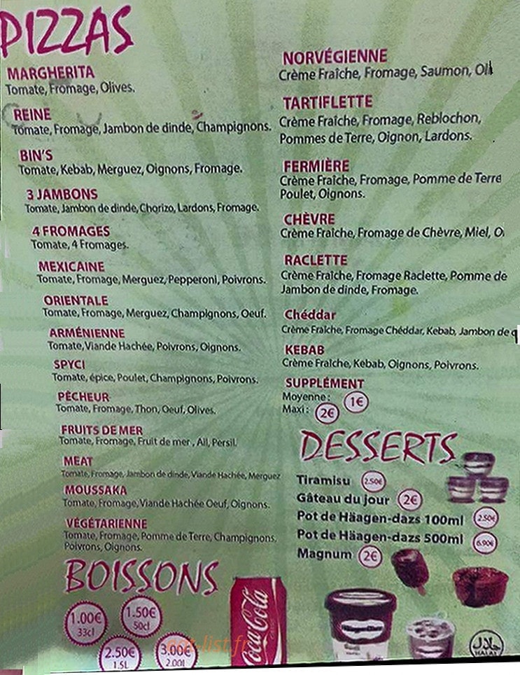 Le Bin's Pizza — carte page 1