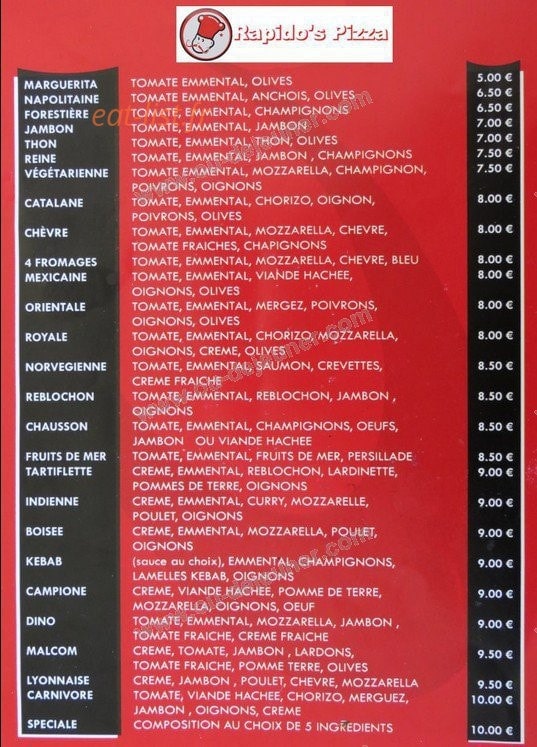 Rapido's Pizza — carte page 1