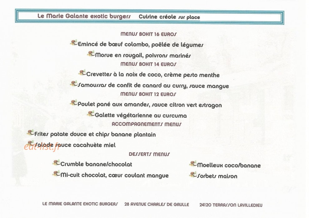 Carte et menu de Le Marie Galante Exotic Burgers à Terrasson-Lavilledieu — Les menus