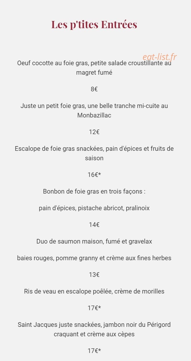 Carte et menu de Auberge de la Petite Reine à Siorac en Perigord — les entrées