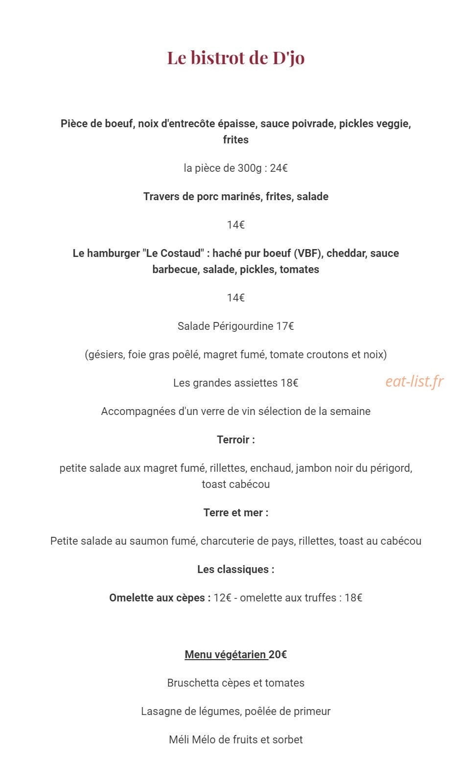 Carte et menu de Auberge de la Petite Reine à Siorac en Perigord — Les menus végétariens,..