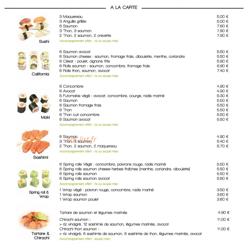 Carte et menu de L'Atelier Sushi à Siorac en Perigord — Le menu à la carte