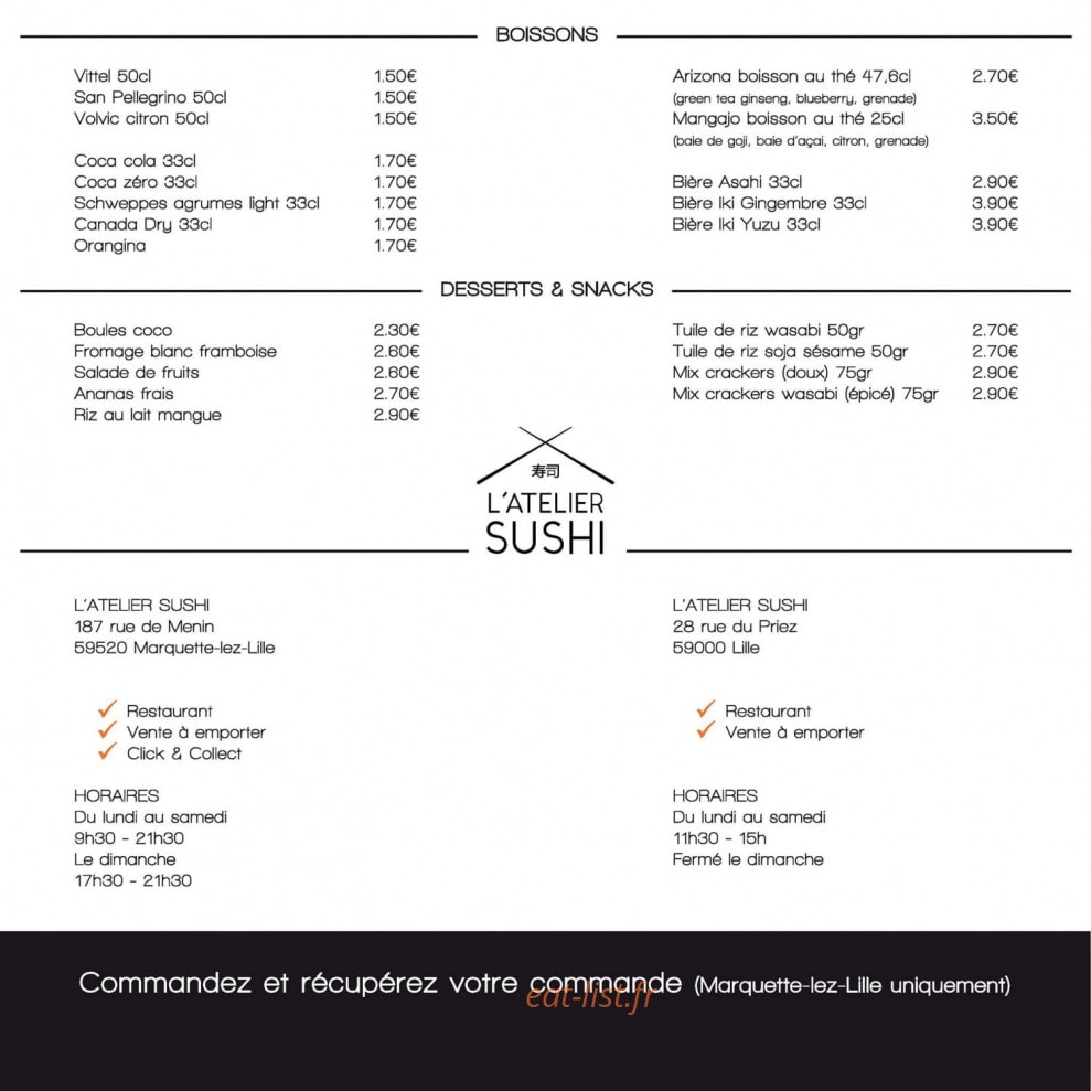 Carte et menu de L'Atelier Sushi à Siorac en Perigord — Les boissons, desserts, ...