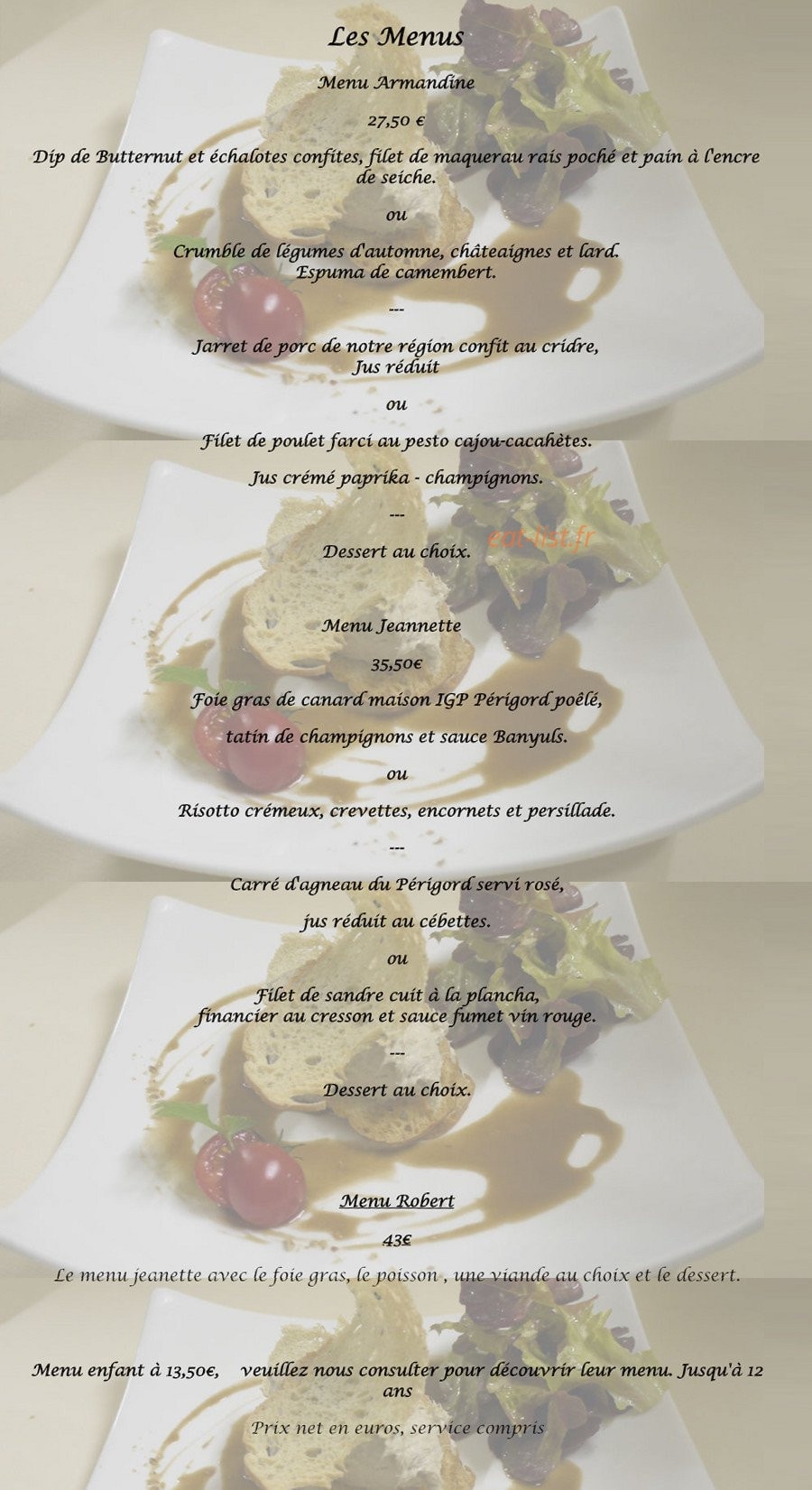 Carte et menu de L'Auberge du Trèfle à Quatre Feuilles à Siorac en Perigord — Les menus
