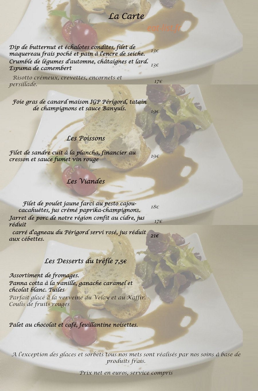 Carte et menu de L'Auberge du Trèfle à Quatre Feuilles à Siorac en Perigord — Les plats à la carte