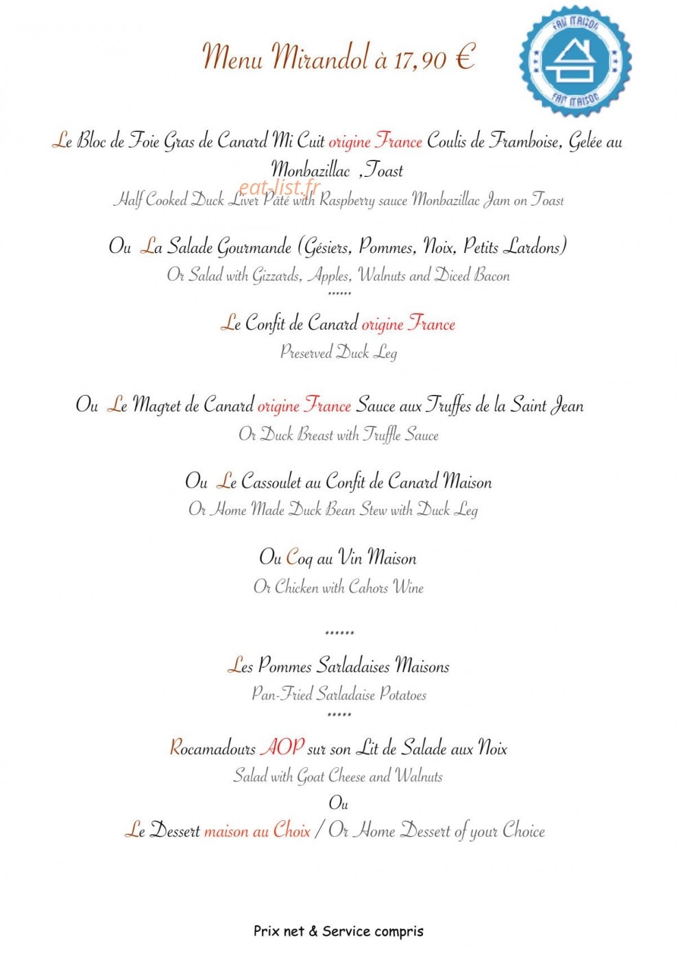 Auberge Le Mirandol — carte page 1