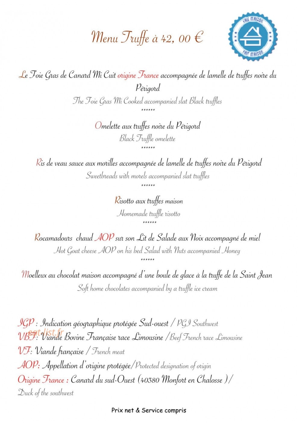 Auberge Le Mirandol — carte page 3