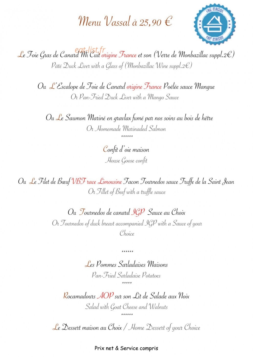 Auberge Le Mirandol — carte page 2