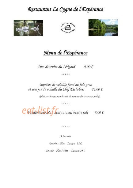 Restaurant Le Cygne de l'Espérance — carte page 1