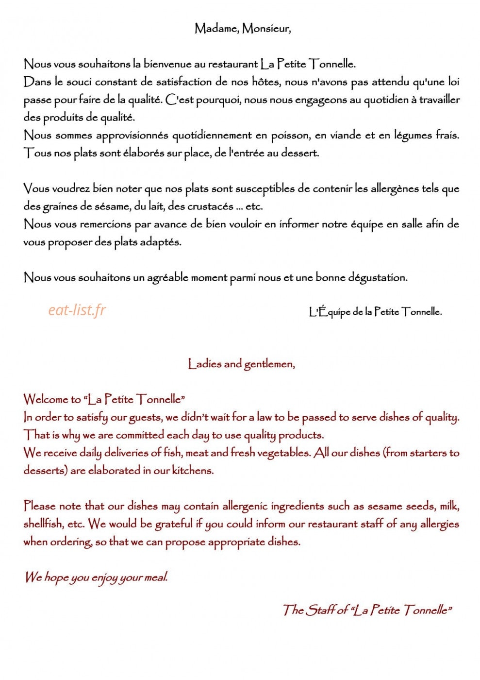 La Petite Tonnelle — carte page 1