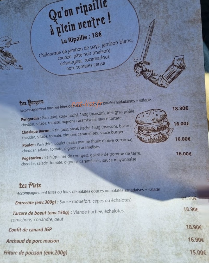 Carte et menu de La Taverne des Remparts à Beynac et Cazenac — Les burgers et plats