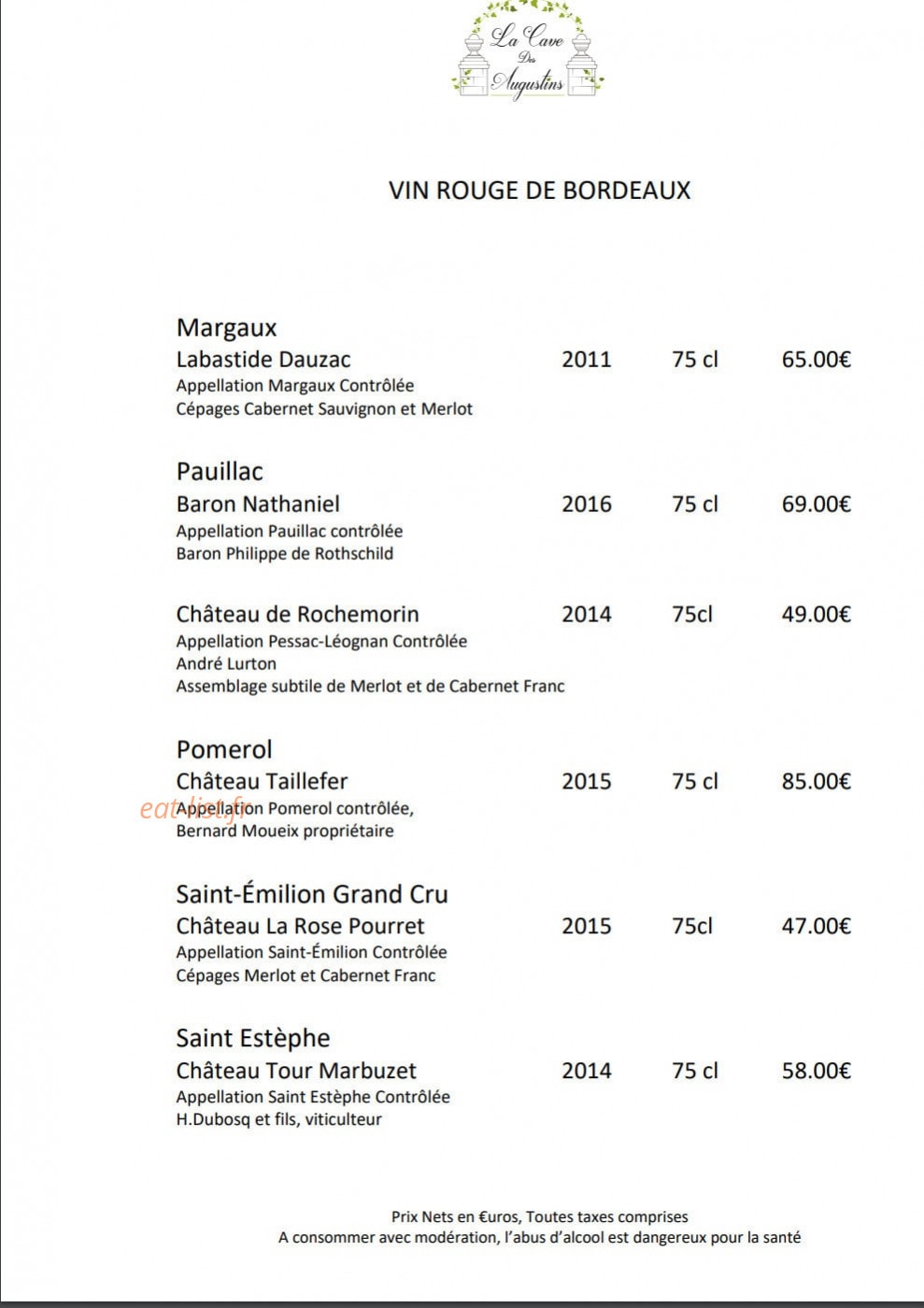 Hôtel Restaurant des Augustins — carte page 16
