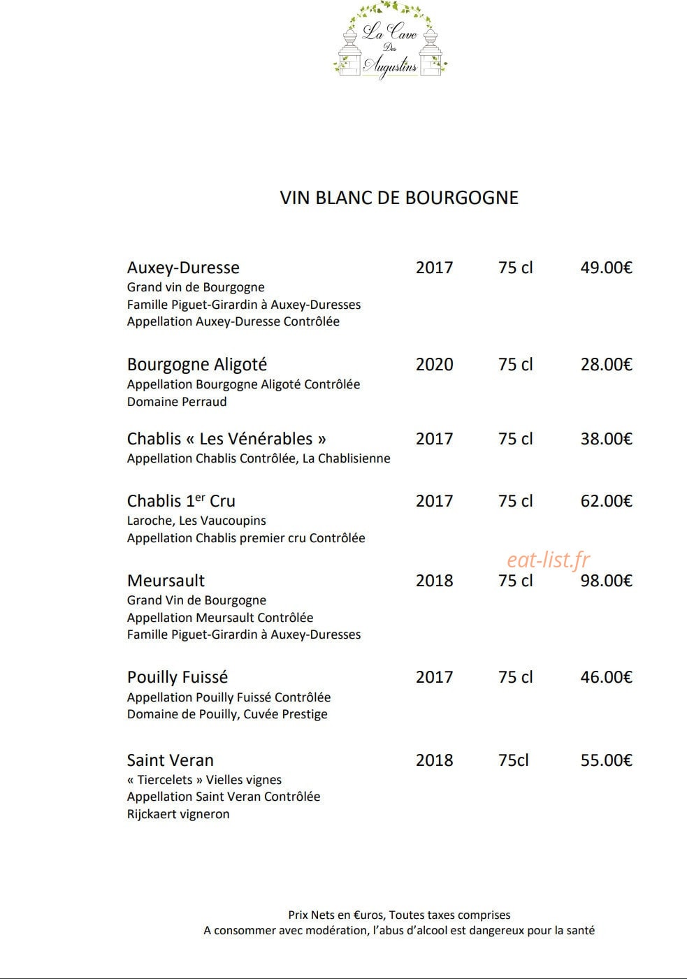 Hôtel Restaurant des Augustins — carte page 13