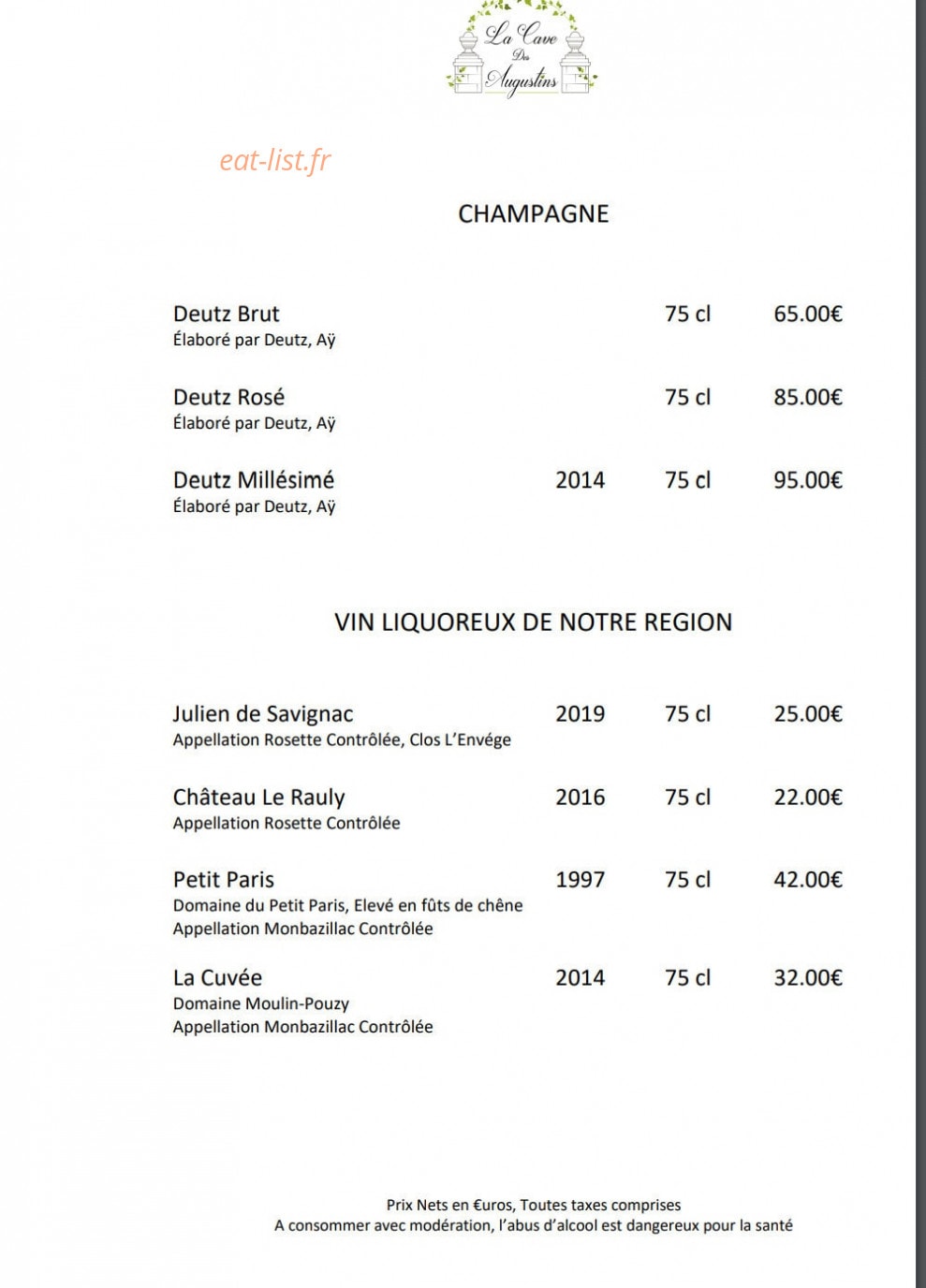 Hôtel Restaurant des Augustins — carte page 10