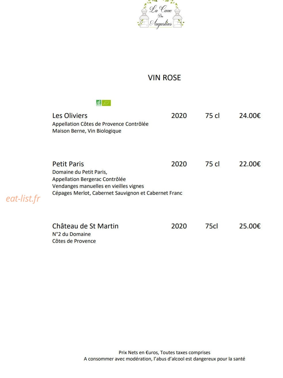 Hôtel Restaurant des Augustins — carte page 18