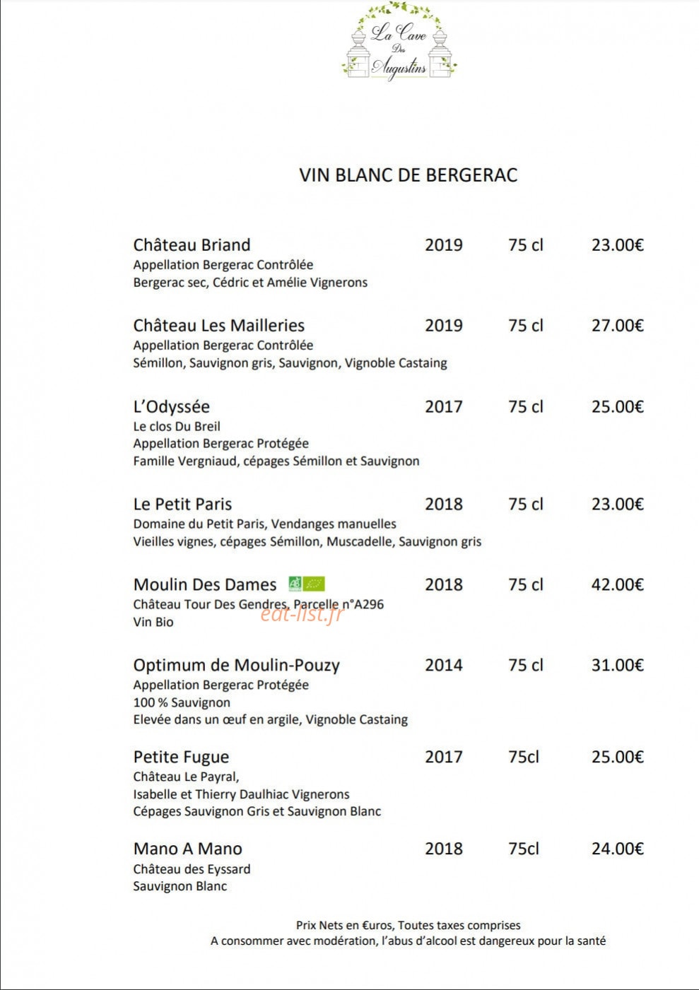 Hôtel Restaurant des Augustins — carte page 12