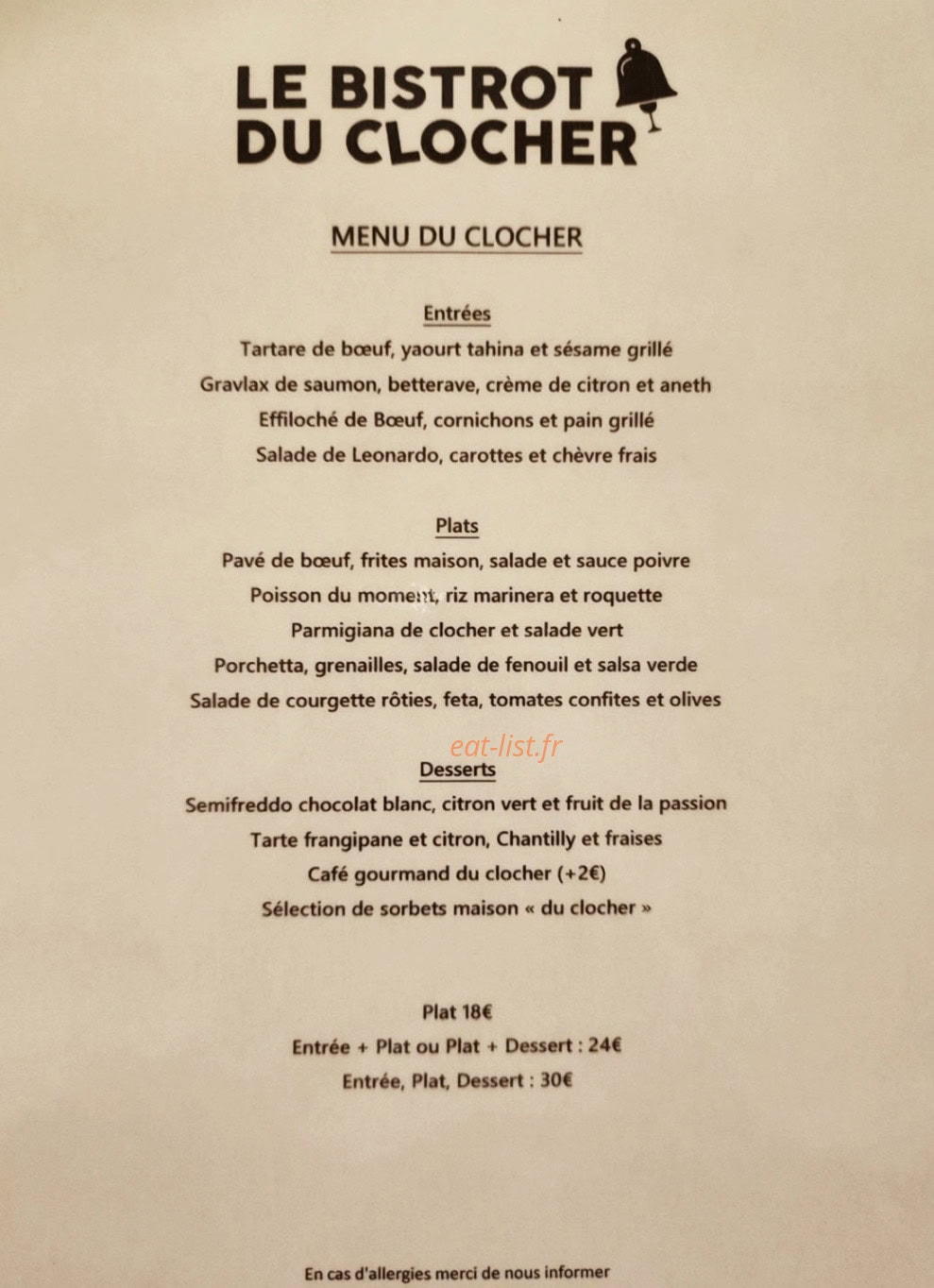 Le Bistro du Clocher — carte page 1
