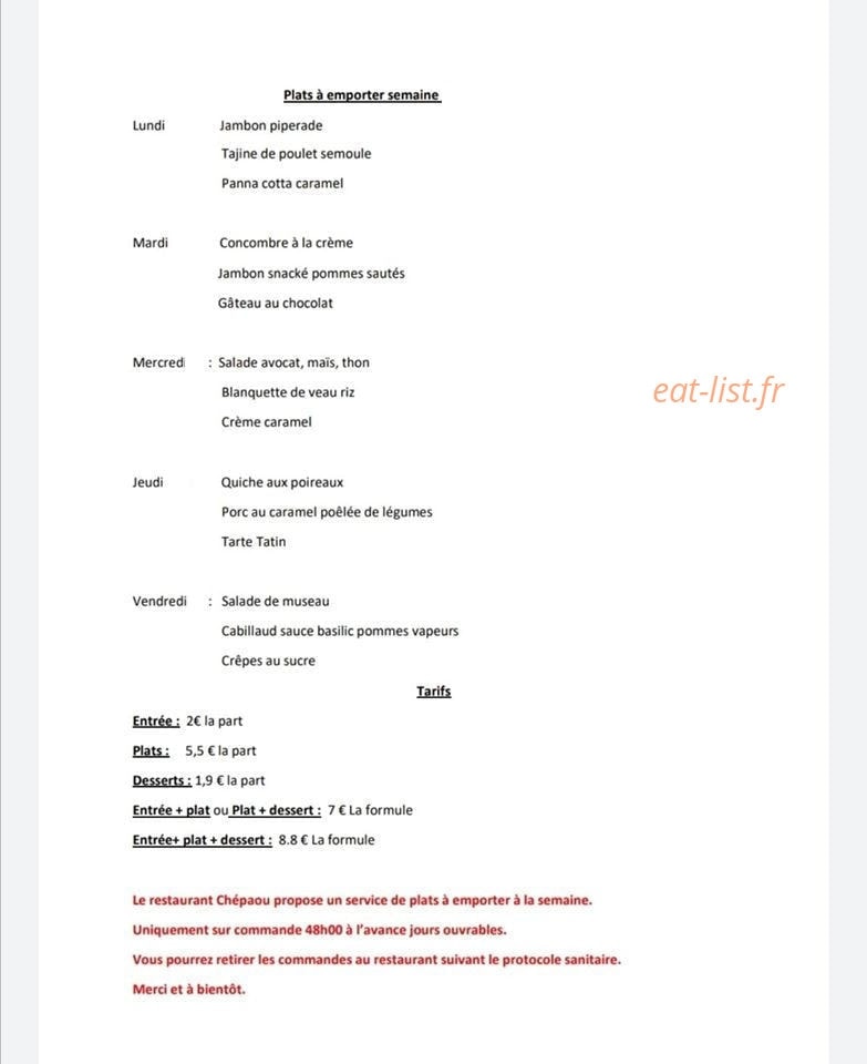 Carte et menu de Chépaou à Sigoulès-et-Flaugeac  — Plats à emporter semaine