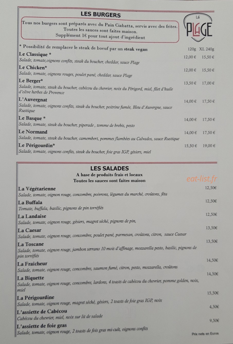 Brasserie la plage — carte page 1