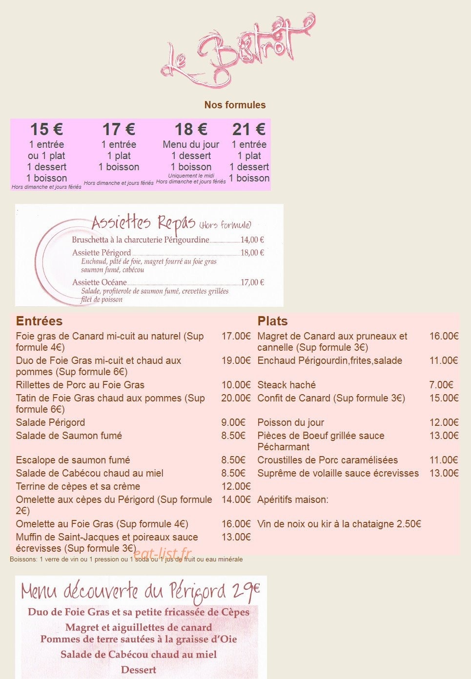 Restaurant du chateau — carte page 1