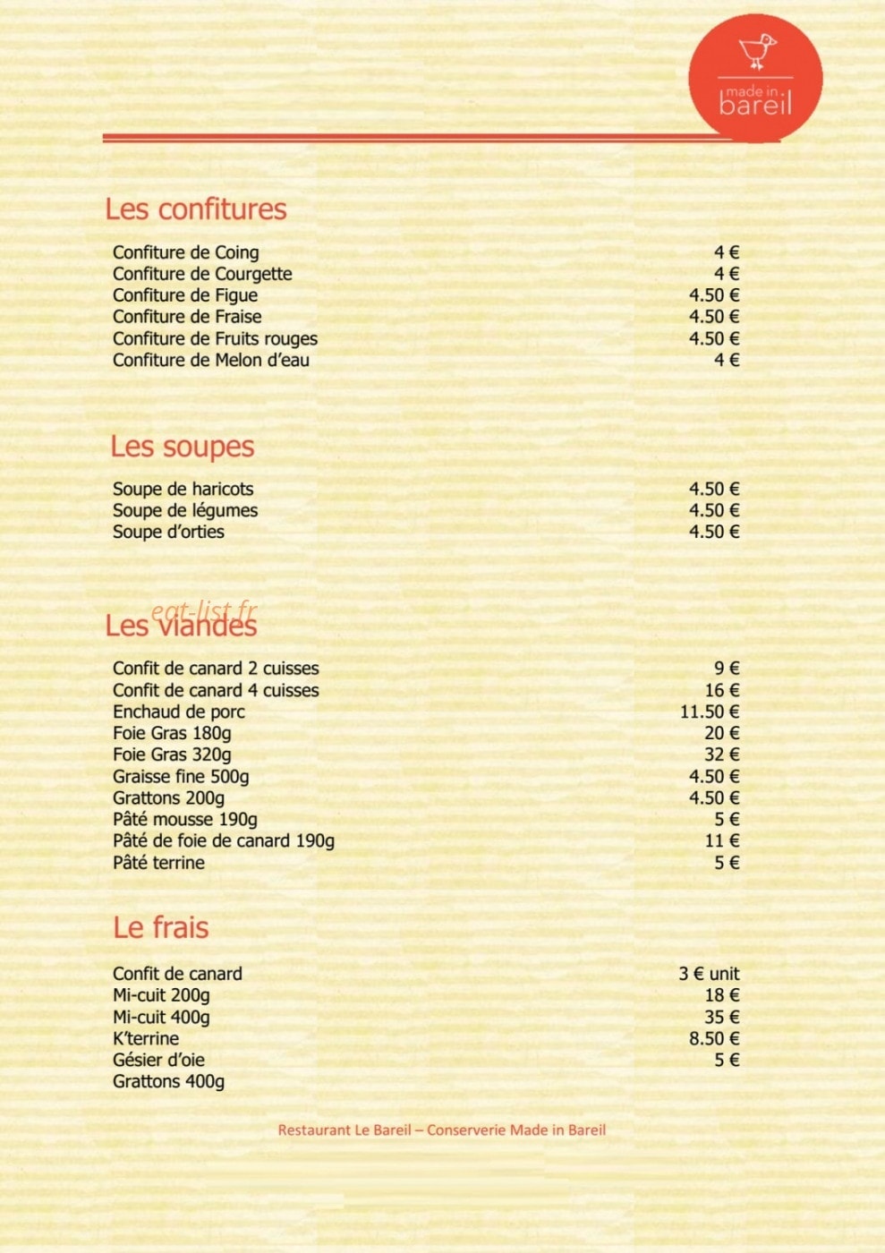 Restaurant le Bareil — carte page 1