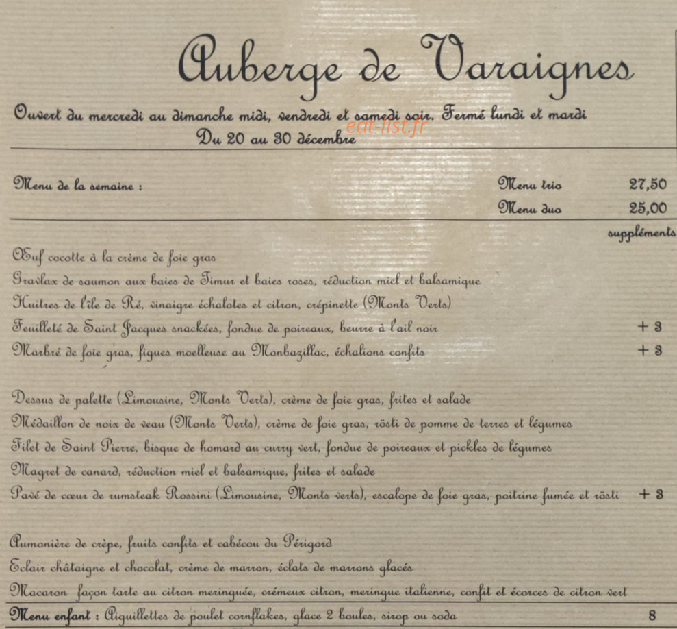 Auberge de Varaignes — carte page 1