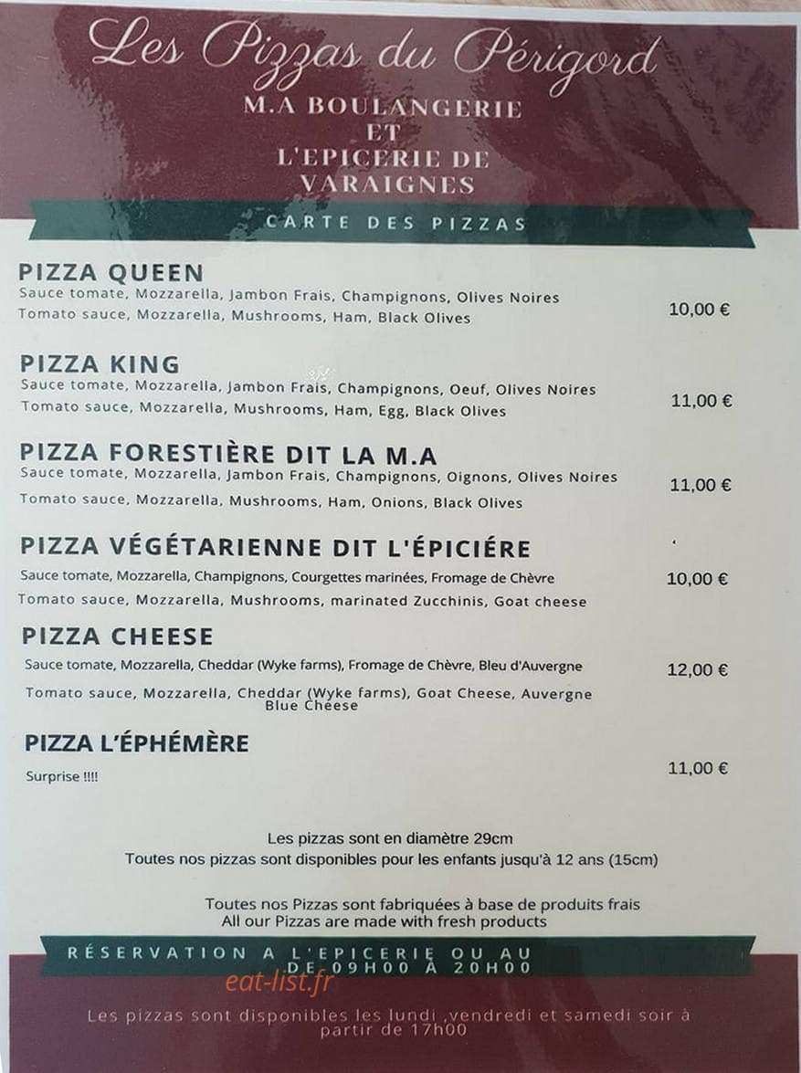 Carte et menu de Ma Boulangerie Pâtisserie à Varaignes — Les pizzas