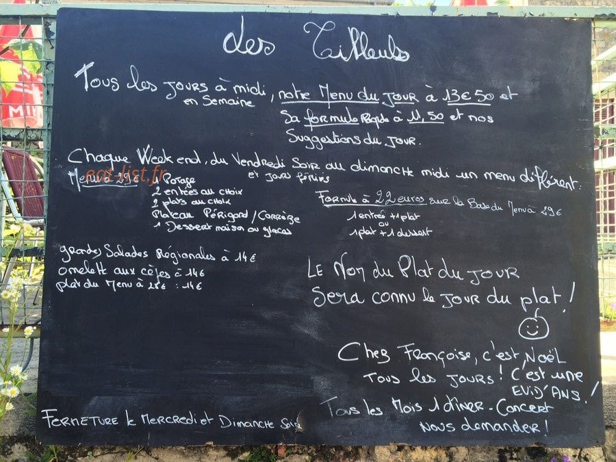 Carte et menu de Auberge Des Tilleuls Françoise à Badefols d'Ans — Exemple de menu