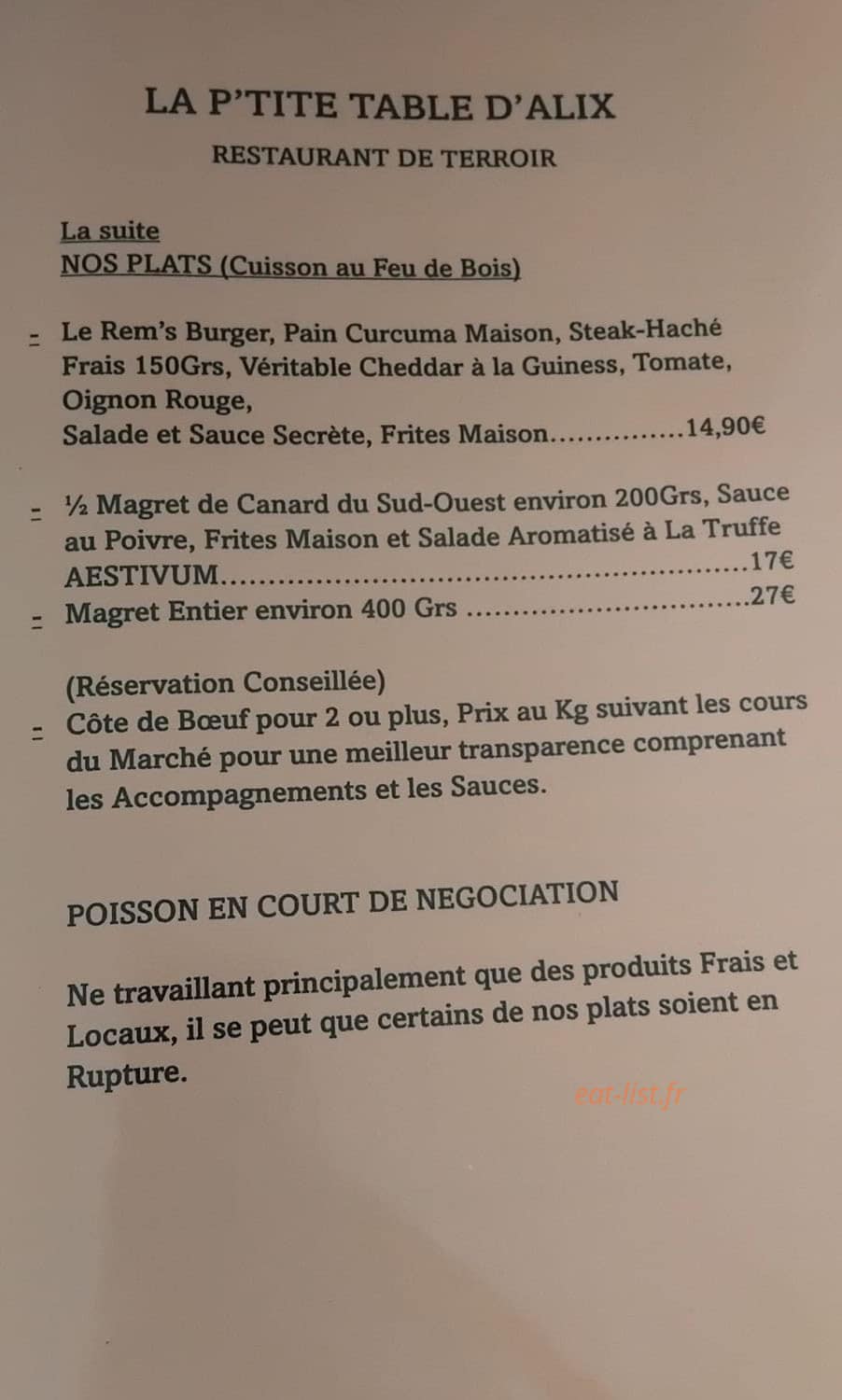 La P'tite Table d'Alix — carte page 2