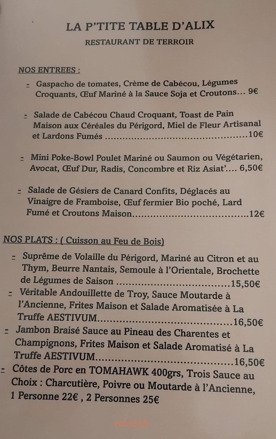 La P'tite Table d'Alix — carte page 1