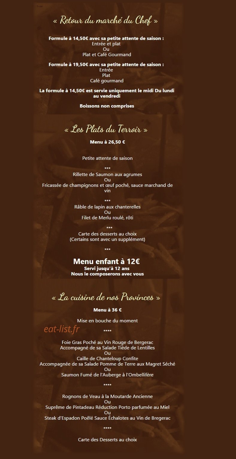 Carte et menu de Auberge de la truffe à Sorges et Ligueux en Périgord — Le menu à 14,5€; 19.50€; 26,5€; 36€ et menu enfant