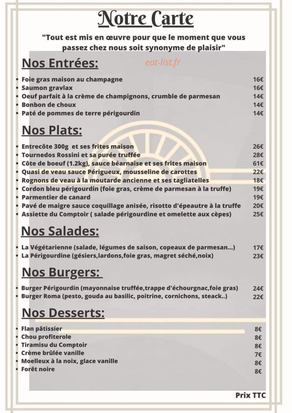 Carte et menu de Le Comptoir des Halles à Sorges et Ligueux en Périgord — La carte