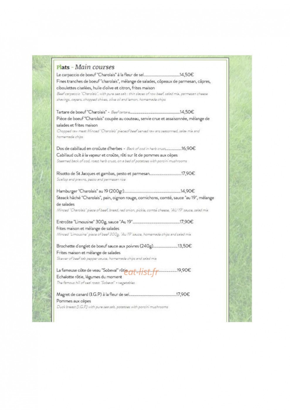 Restaurant 19 — carte page 2